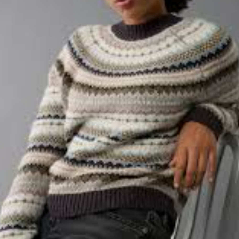 American Eagle Festive Feels Sweater Cropped Fair Isle Cozy Mockneck XS Preppy